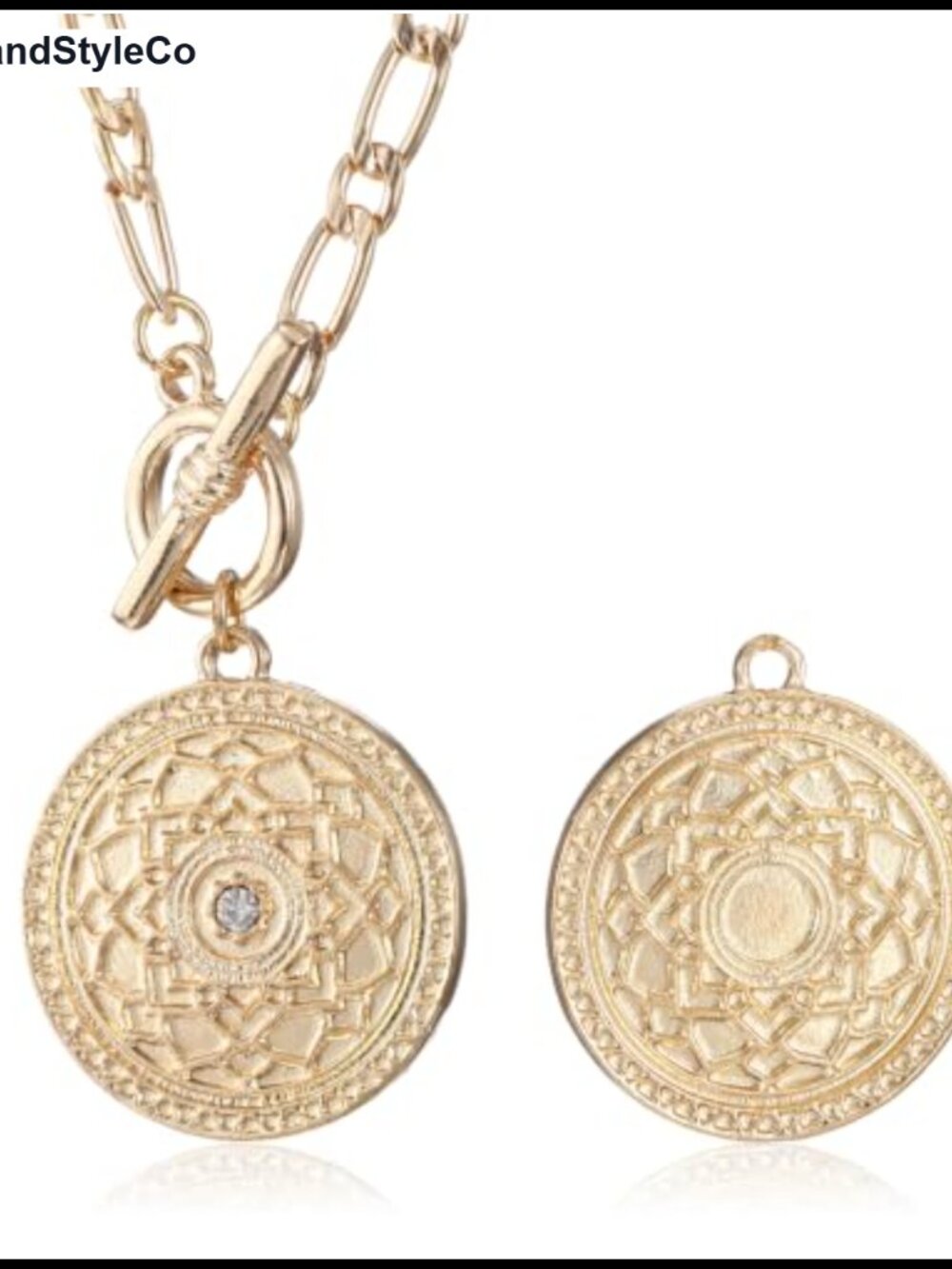 Gold Tone Medallion Necklace Women Coin Pendant Chain Toggle Clasp 17.7